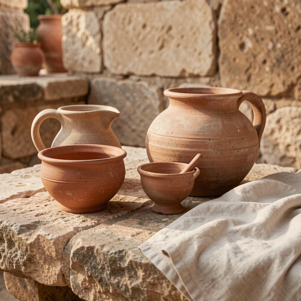 Ceramiczne naczynia i lniane tkaniny na kamiennej powierzchni, stonowana stylizacja nawiązująca do starożytnego Śródziemnomorza
