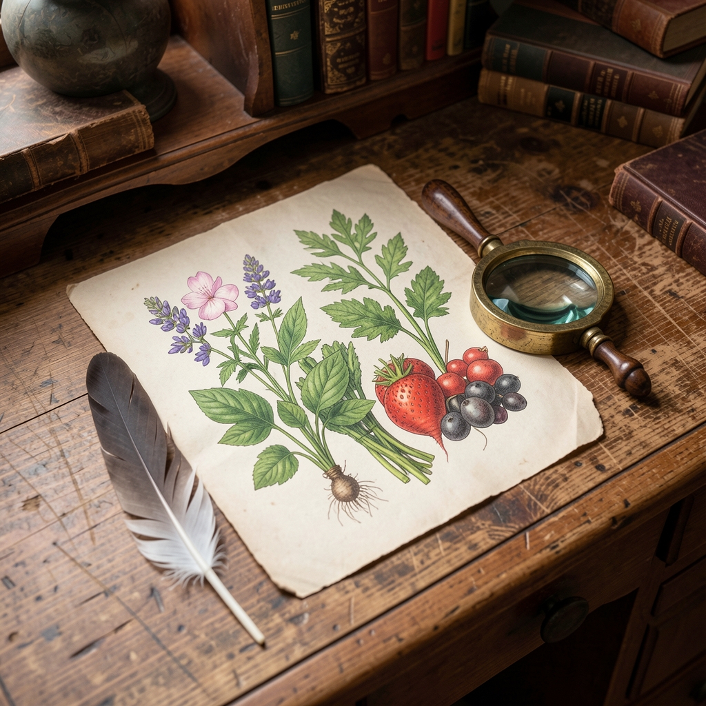 Stara ilustracja botaniczna z roślinami spożywczymi leżąca obok zabytkowej lupki i pióra na drewnianym biurku